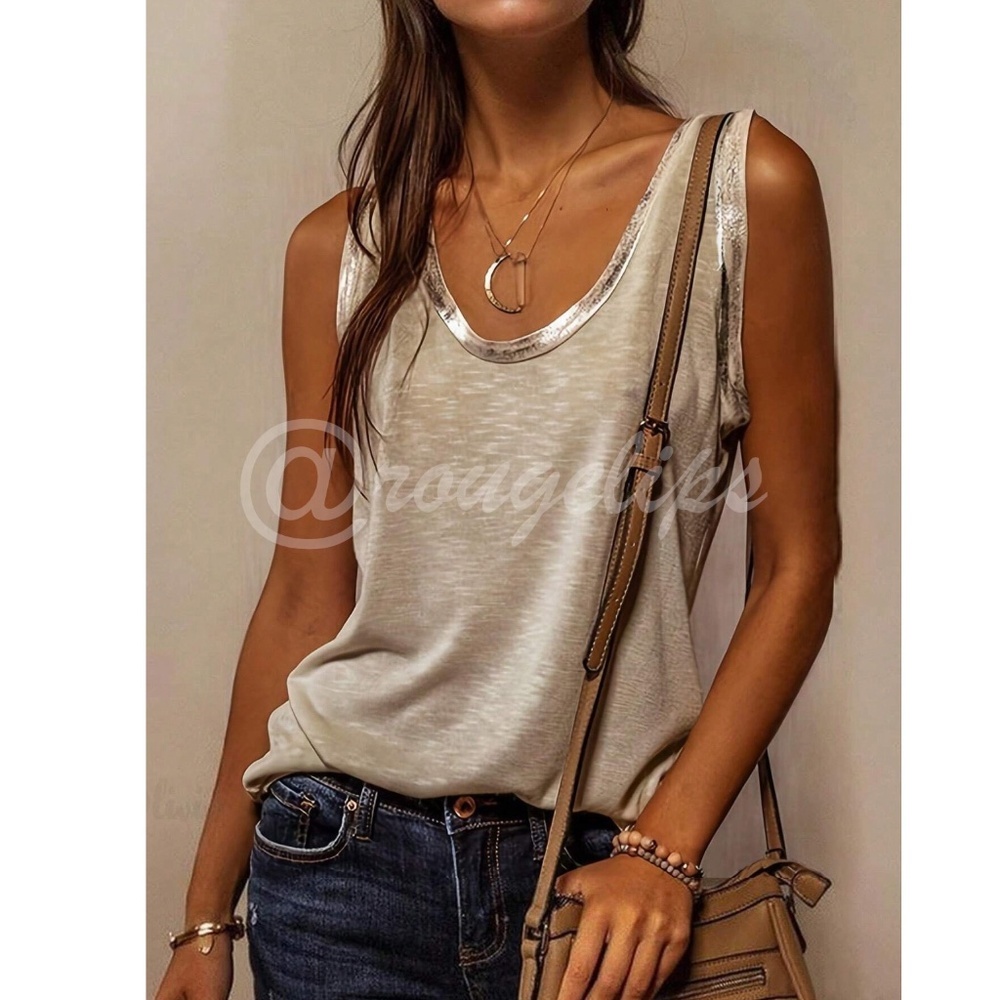 Beige Tank Top Gold Piping Trim